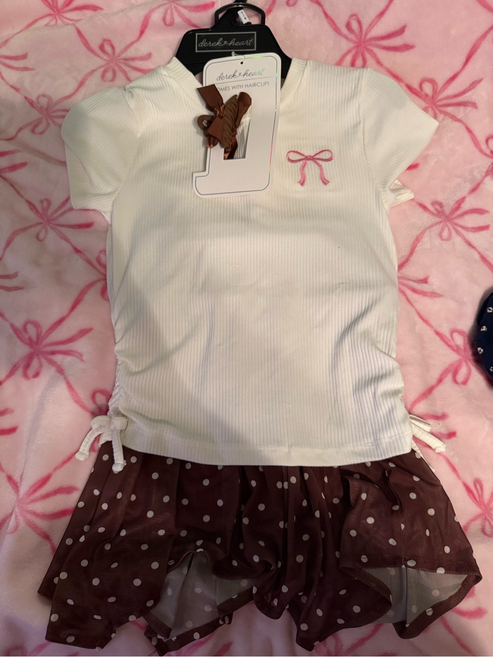 Derek Heart White Ribbed Short Sleeve Tee with Pink Bow Embroidery - Kids